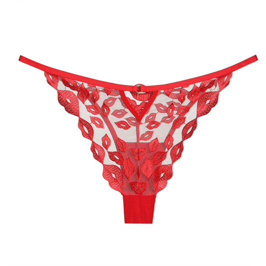 Amora String – Embroidered Mesh Thong with Lip Motifs mooods