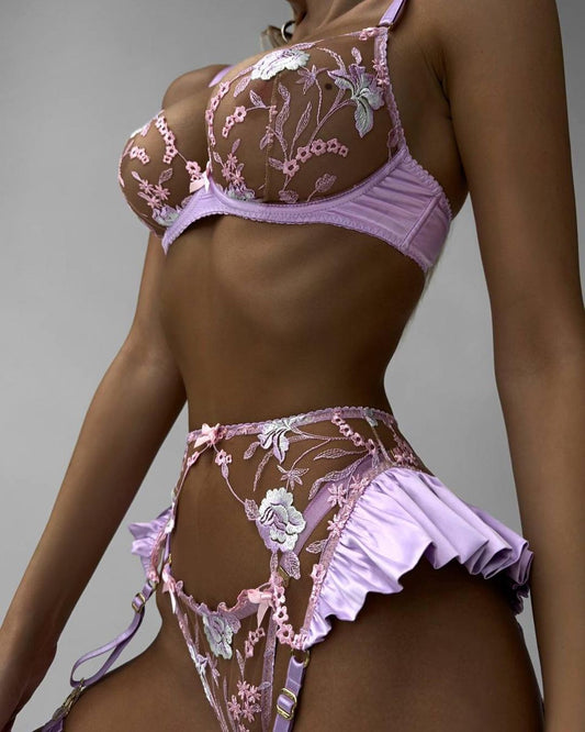 Honeymoon Lace & Satin Embroidered Lingerie Set