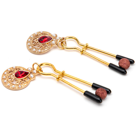 Gold Nipple Clamps with Red Gemstone Pendants