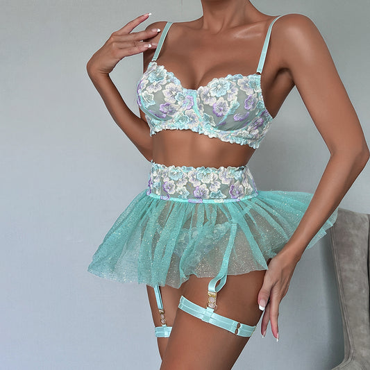 Light Blue Floral Embroidery Lingerie Set with Ruffle Skirt