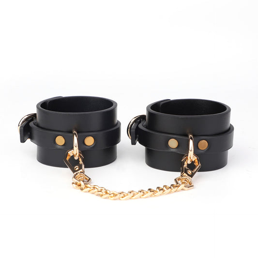 Prestige Black Leather Cuffs with Gold Chain Restraints