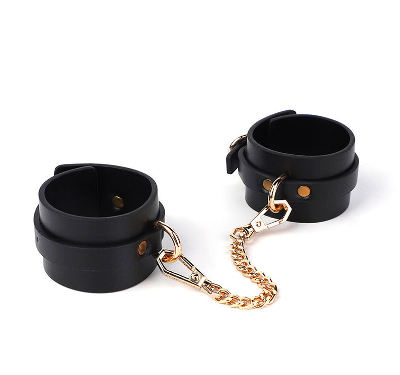 Prestige Black Leather Cuffs with Gold Chain Restraints