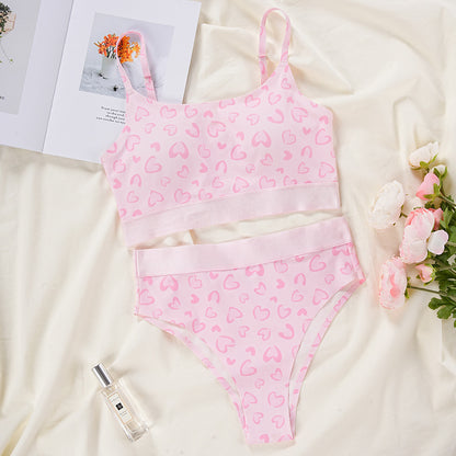 Pink Hearts Print Comfortable Underwear Set