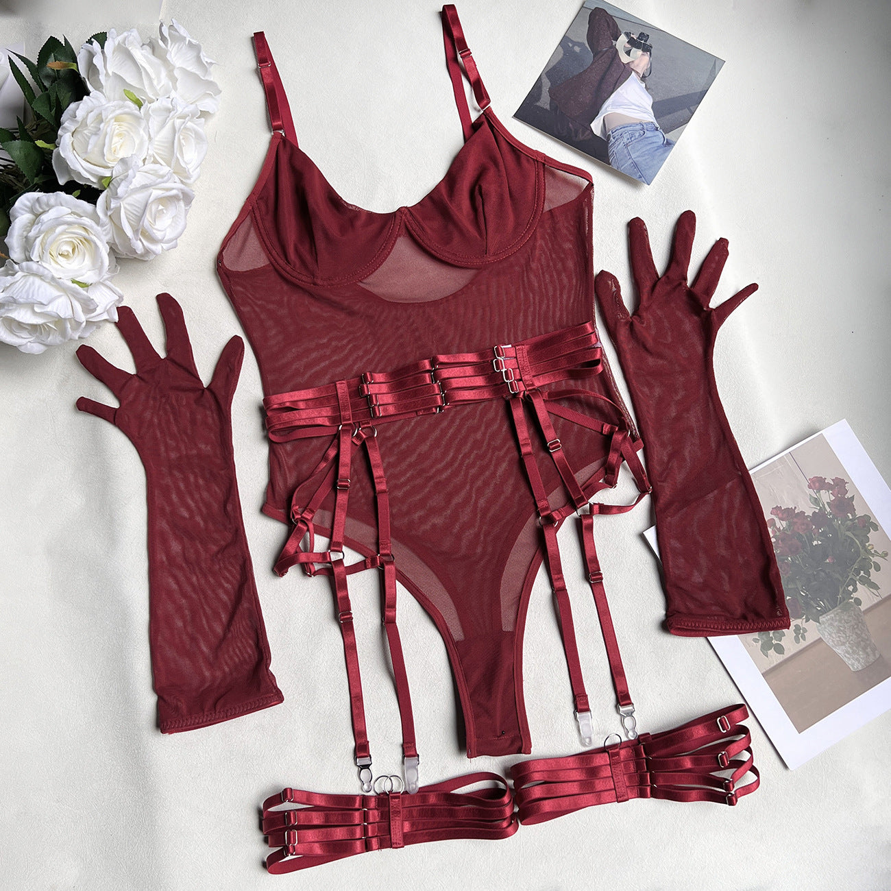 Delicate Mesh Elegance Teddy Set with Gloves and Lustrous Suspender Accents