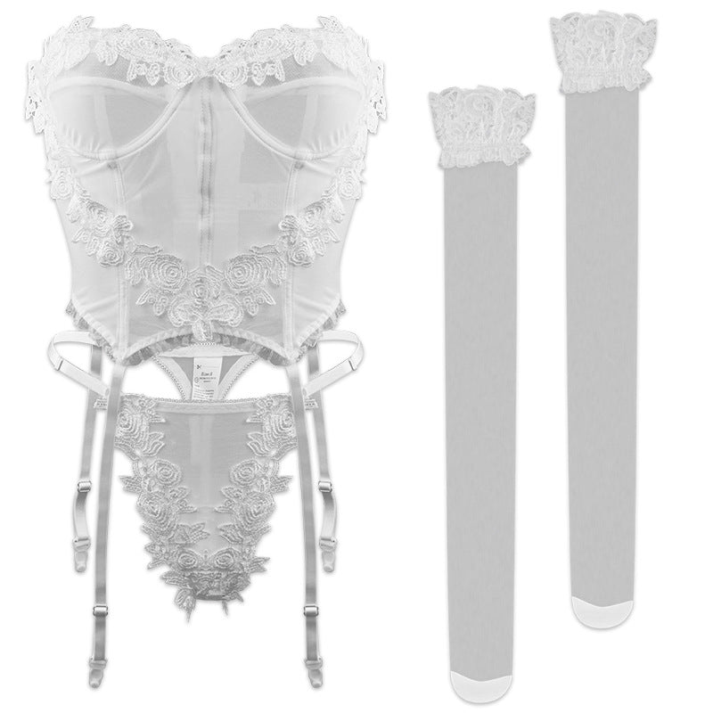 Bridal Blooms Mesh Lingerie Set with Hold-Ups