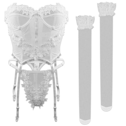 Bridal Blooms Mesh Lingerie Set with Hold-Ups