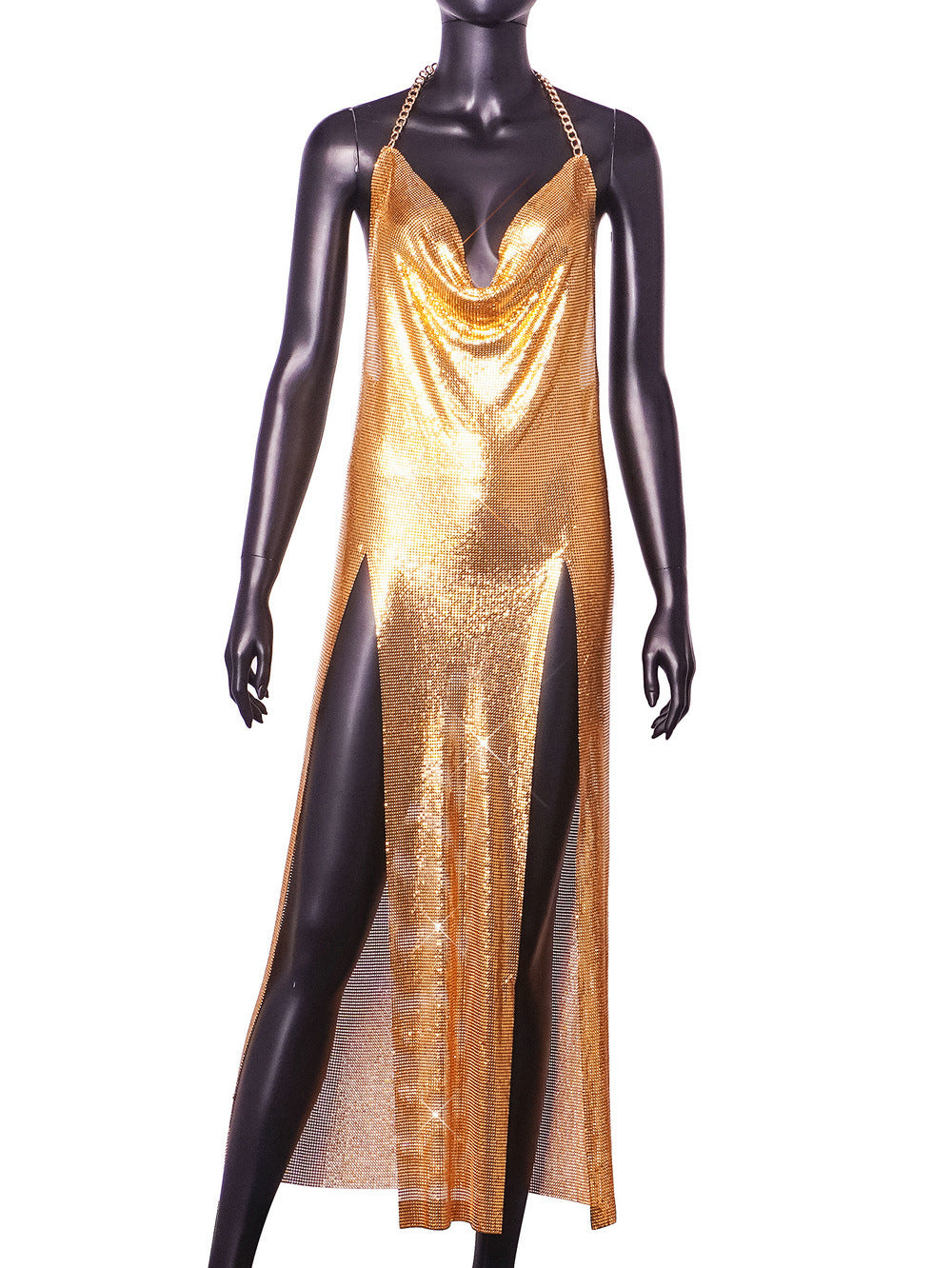 Gilded Allure Gold Sequin Swing Halter Dress