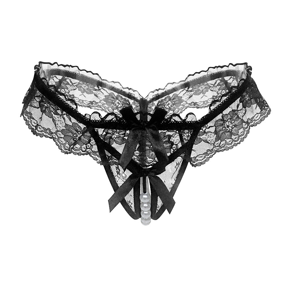 Pearl String Delicate Lace Ruffle Crotchless Panty