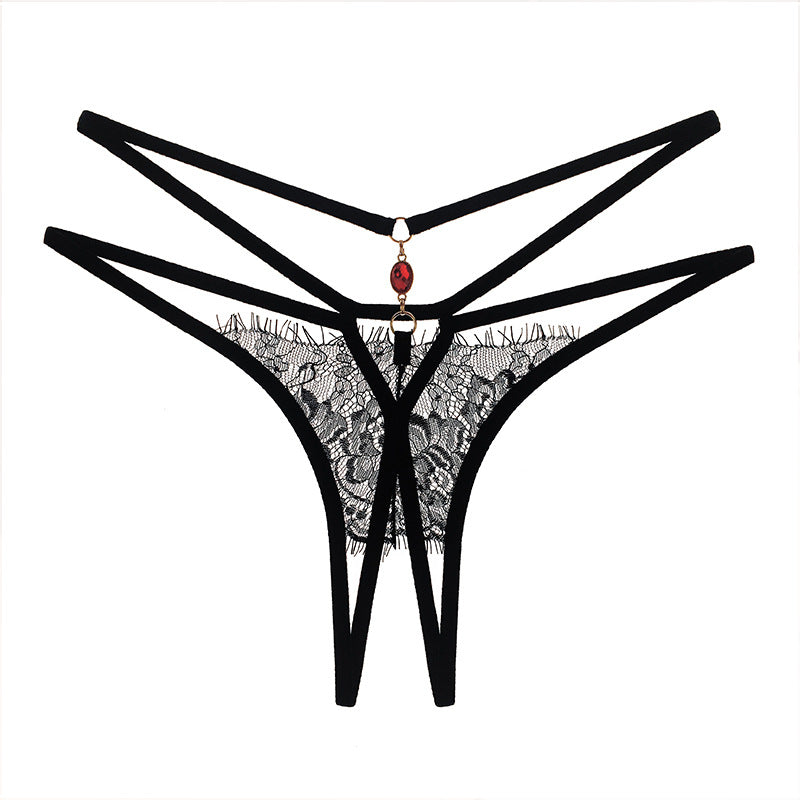 Lace Crotchless Panty with Rhinestone Accent