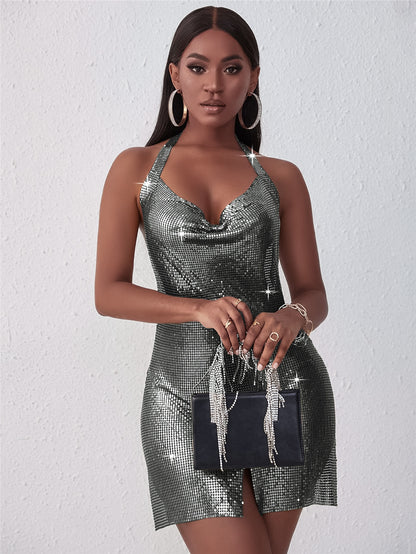 Radiant Nights Silver Sequin Halter Mini Dress