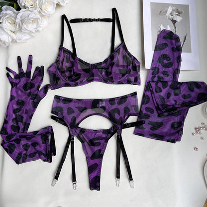 Leopard Luxe Sheer Mesh Lingerie Set with Matching Accessories