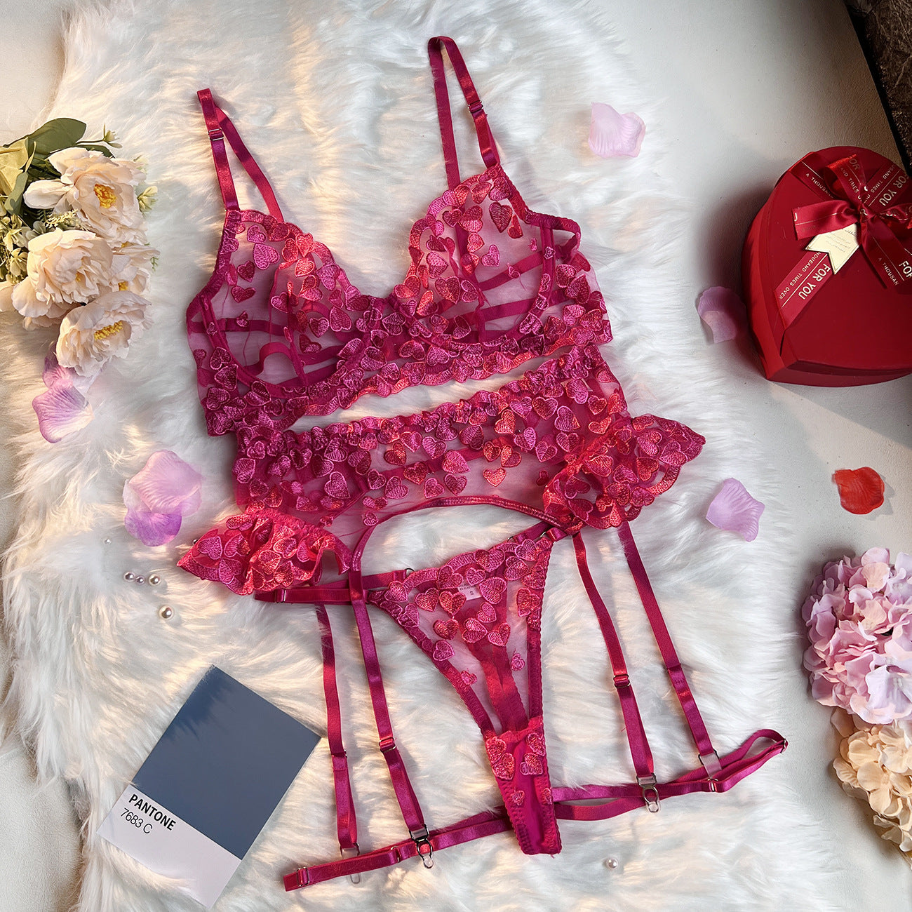 Pink Hearts Passion 3-Piece Sheer Lingerie Set
