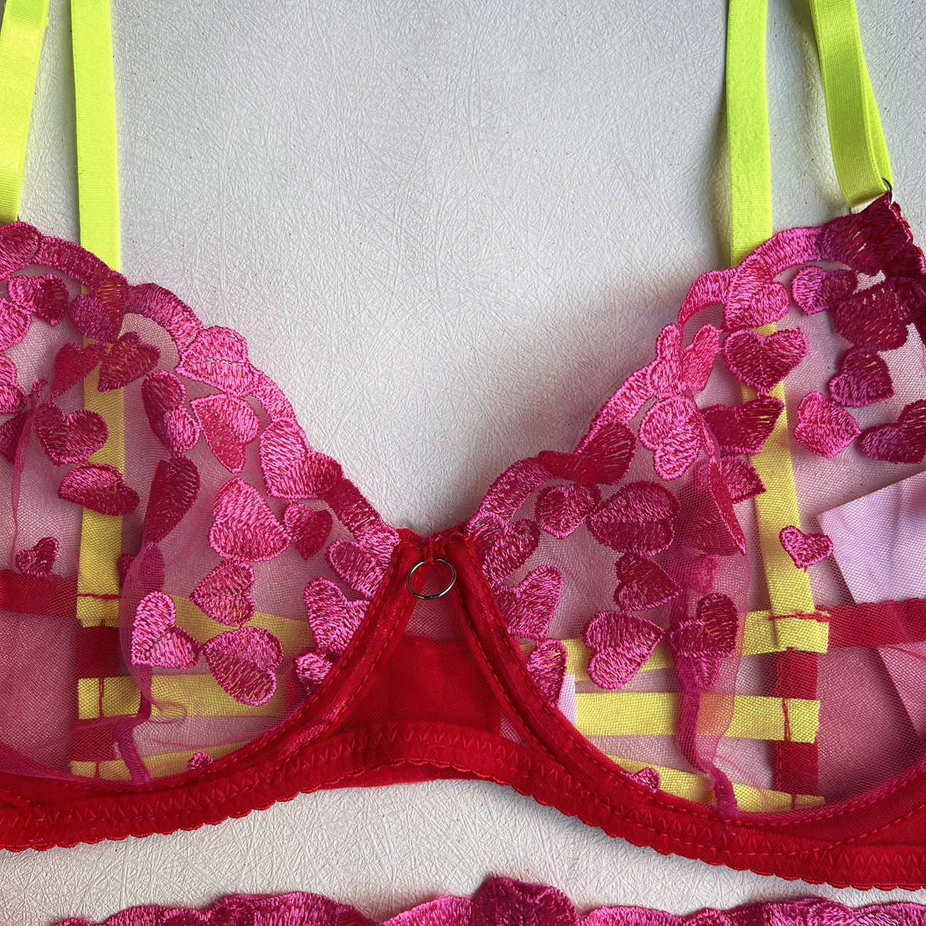 Neon Love Affair: Bright Pink Lingerie Set with Heart Embroidery, Neon Yellow Accents, and Playful Ruffles