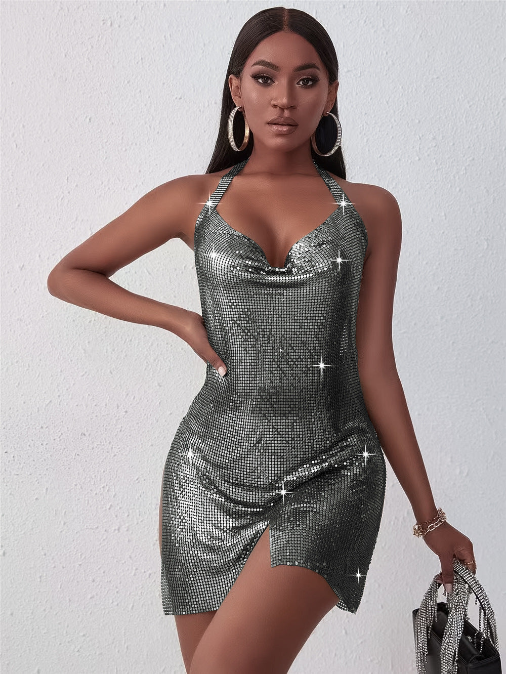 Radiant Nights Silver Sequin Halter Mini Dress