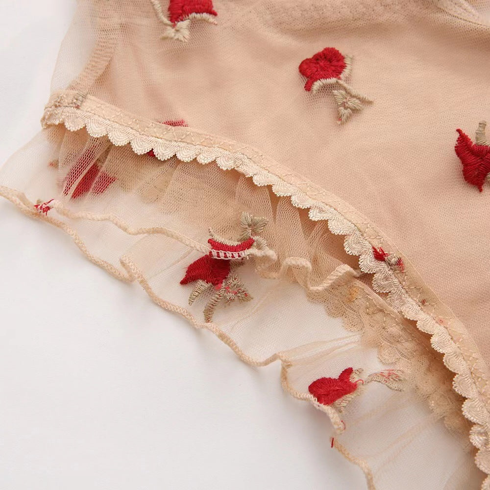 Rosé Allure Sheer Beige Embroidered Bodysuit