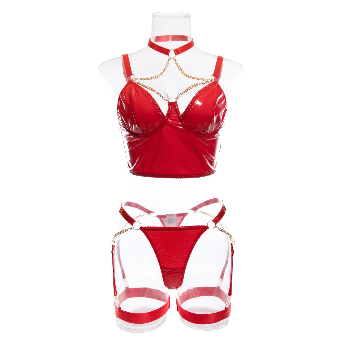 Scarlet Seduction: Glossy Lacquered Red Lingerie Set