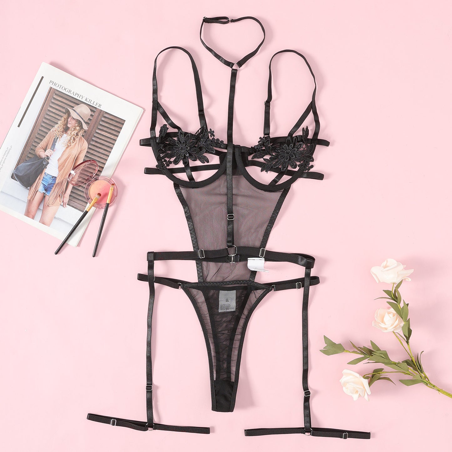 Sultry Noir Floral Strappy Teddy Lingerie
