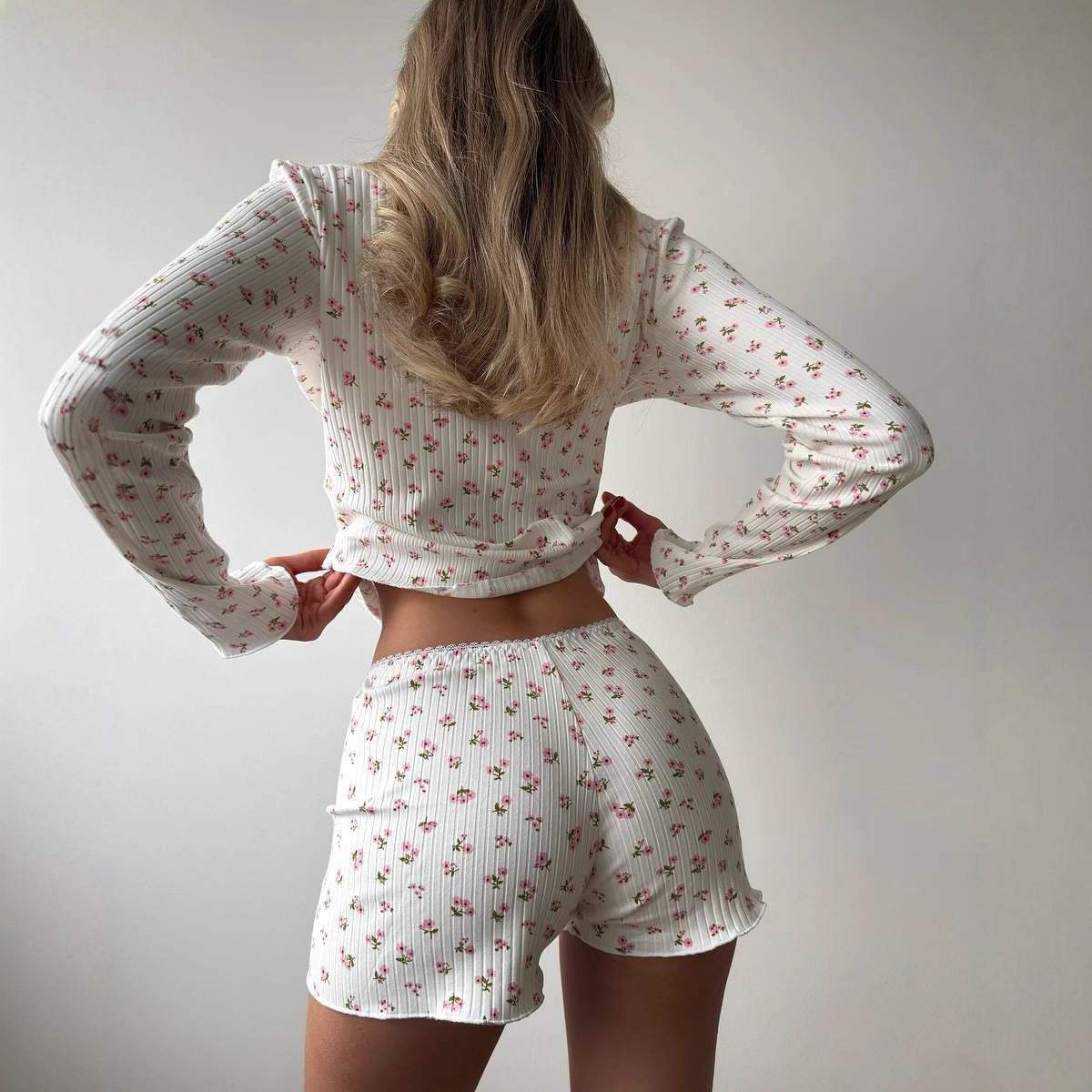 Blossom Whisper – Floral Ribbed Loungewear Set