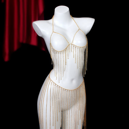 Diamond Fringe Rhinestone Bra & Skirt Set