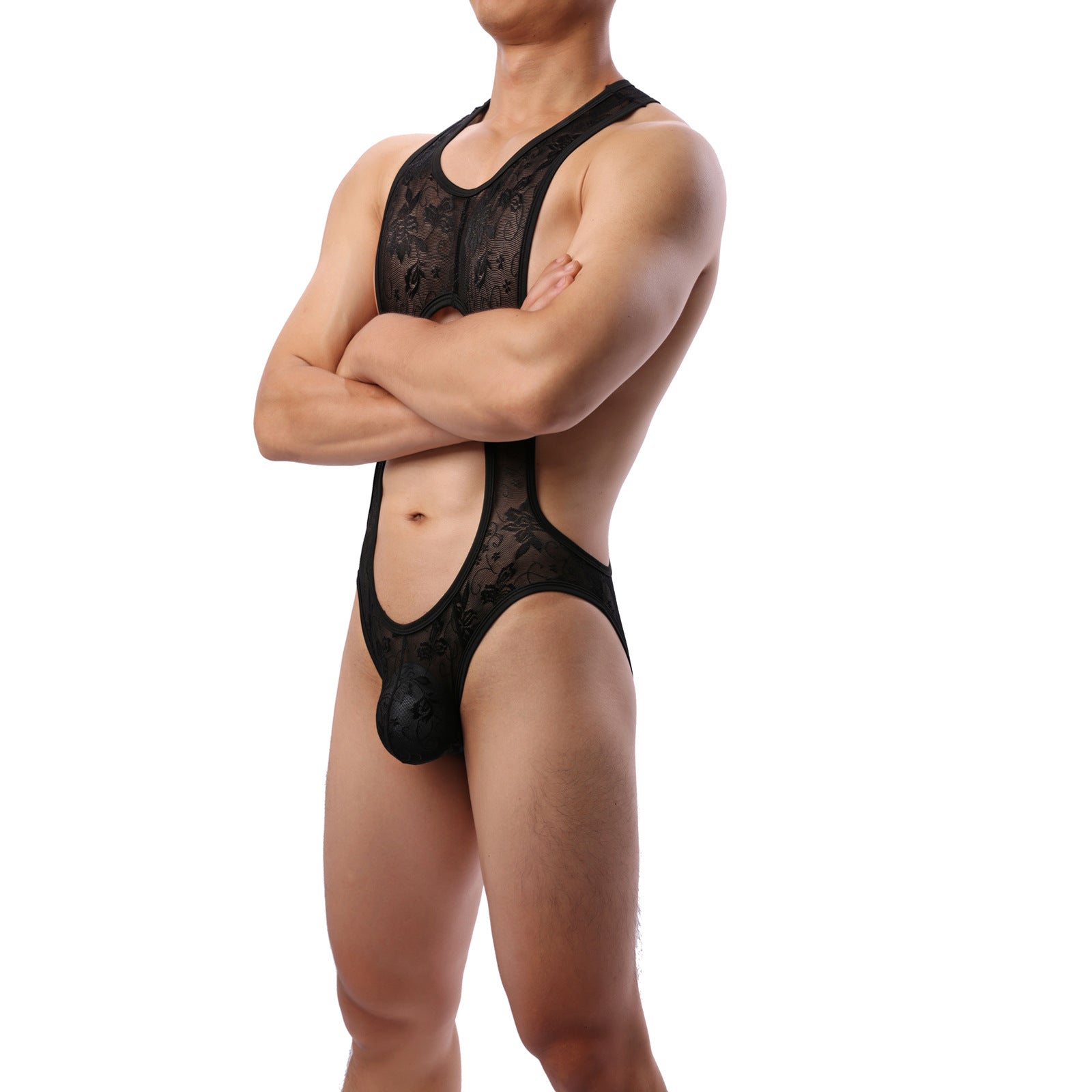 Midnight Veil Open-Front Lace Bodysuit for Men mooods