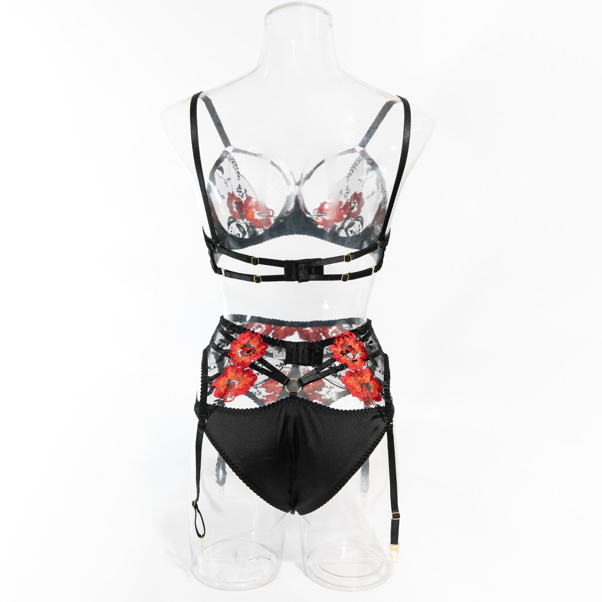 Floral Embroidered Satin & Mesh Garter Lingerie Set