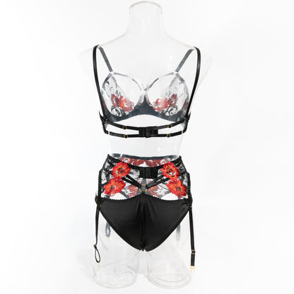 Floral Embroidered Satin & Mesh Garter Lingerie Set