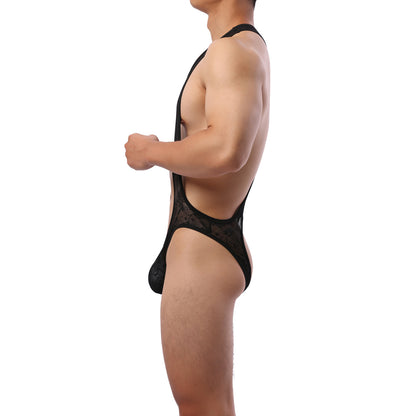 Midnight Veil Open-Front Lace Bodysuit for Men mooods