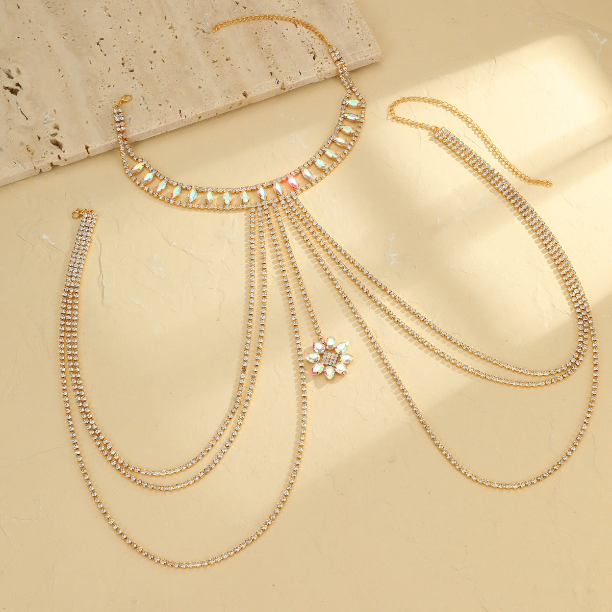 Aurora Bloom Rhinestone Body Chain mooods