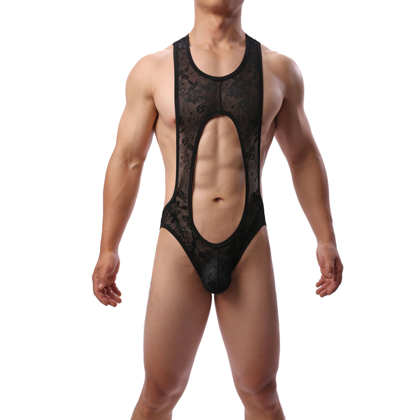 Midnight Veil Open-Front Lace Bodysuit for Men mooods