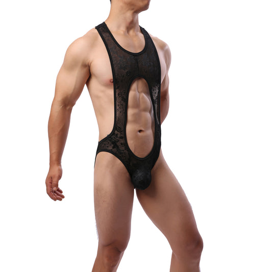 Midnight Veil Open-Front Lace Bodysuit for Men mooods