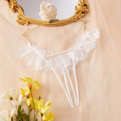 White Lace Crotchless Pearl Thong – Ruffle Trim & Strappy Design mooods