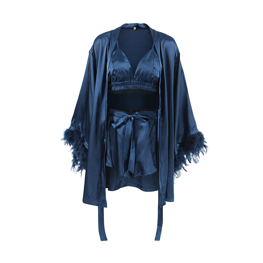 Nocturne Whisper – Feathered Satin Loungewear Set