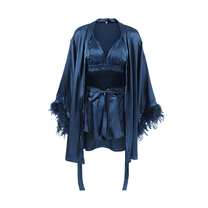 Nocturne Whisper – Feathered Satin Loungewear Set
