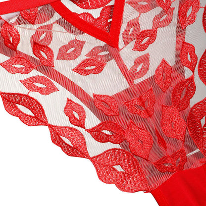 Amora String – Embroidered Mesh Thong with Lip Motifs mooods