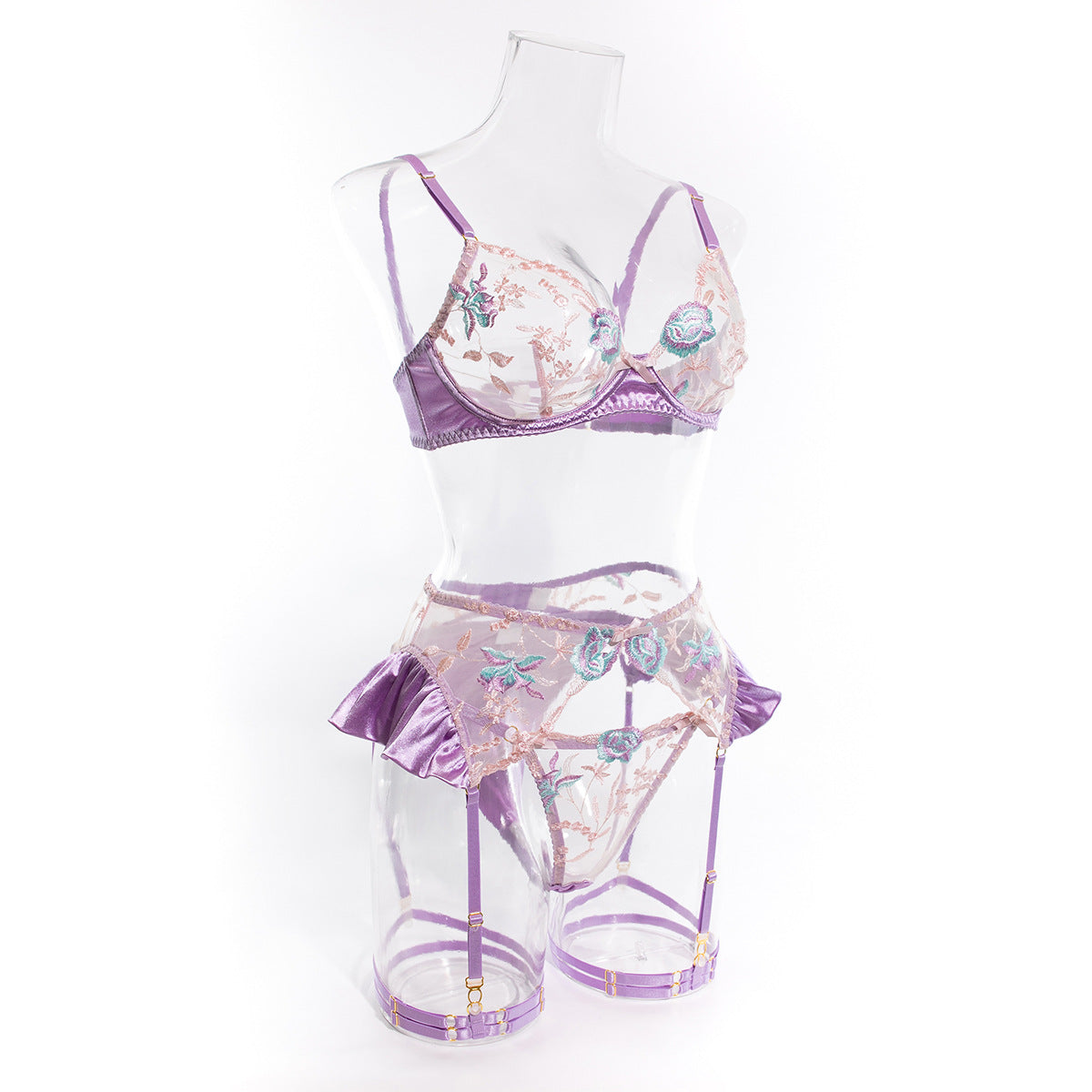 Honeymoon Lace & Satin Embroidered Lingerie Set