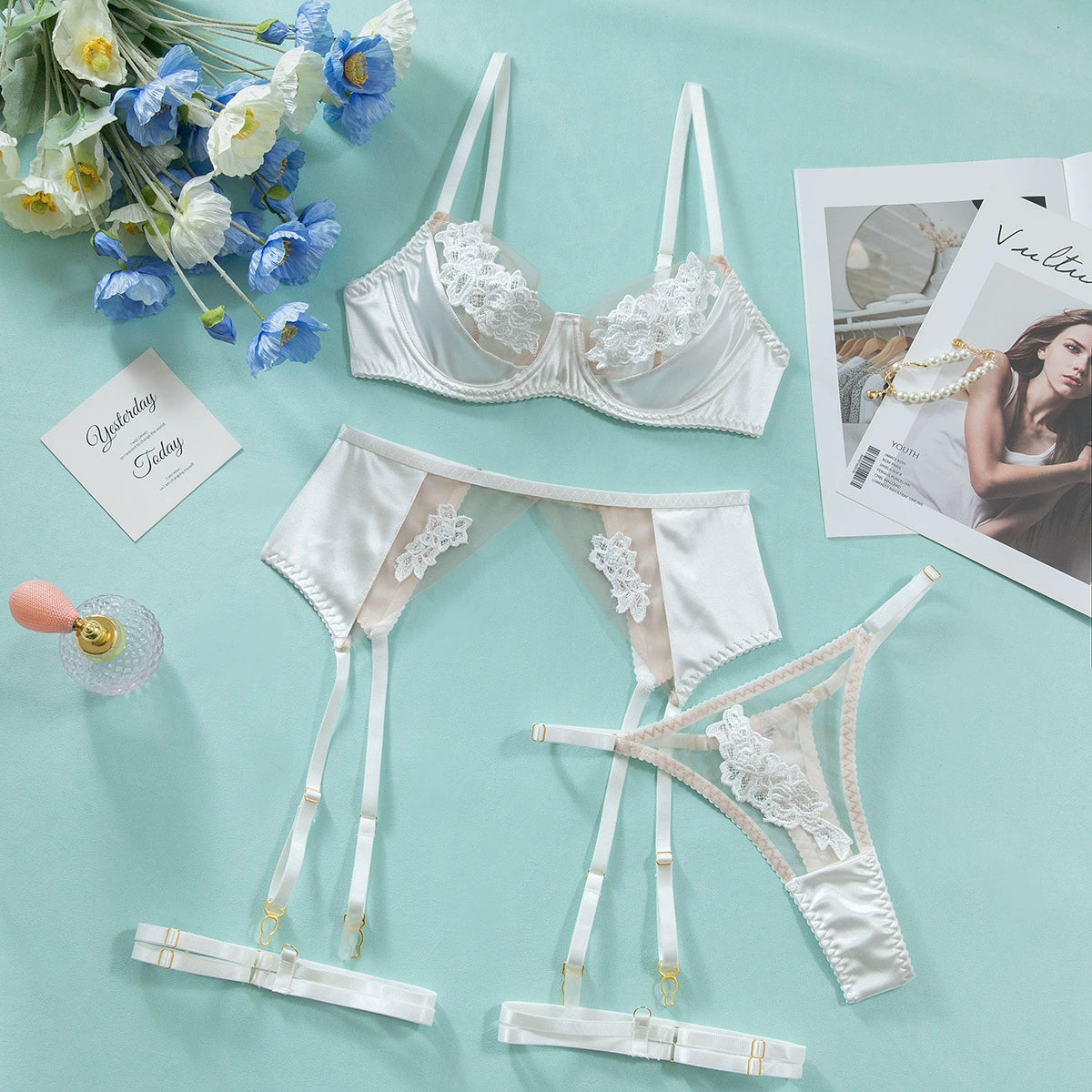 Bridal Satin & Lace Lingerie Set with Garter Belt – Wedding Night Luxury mooods