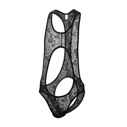 Midnight Veil Open-Front Lace Bodysuit for Men mooods