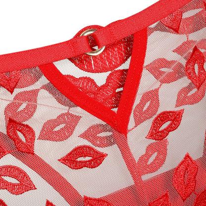 Amora String – Embroidered Mesh Thong with Lip Motifs mooods