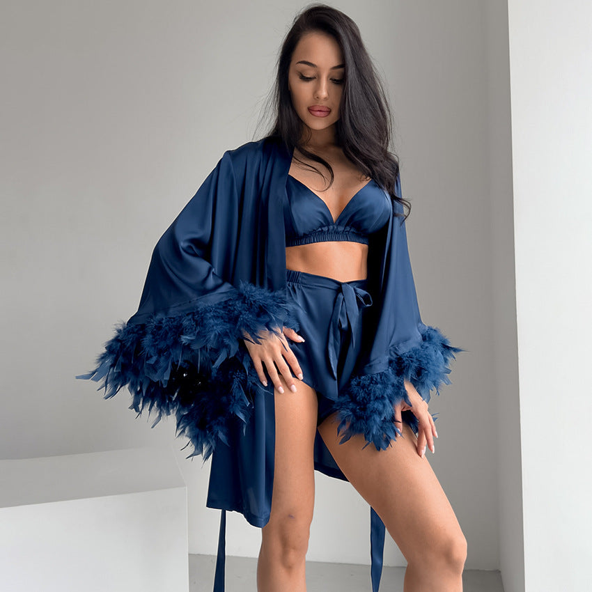 Nocturne Whisper – Feathered Satin Loungewear Set