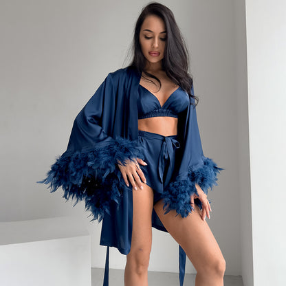 Nocturne Whisper – Feathered Satin Loungewear Set