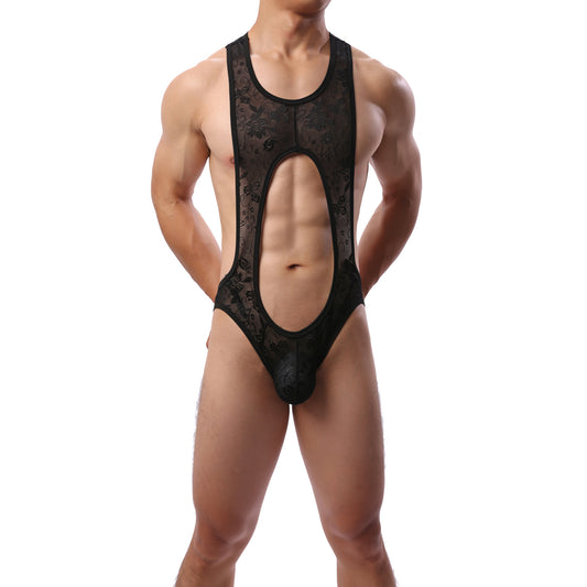 Midnight Veil Open-Front Lace Bodysuit for Men mooods