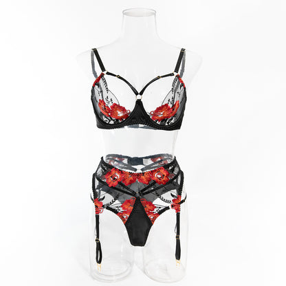 Floral Embroidered Satin & Mesh Garter Lingerie Set