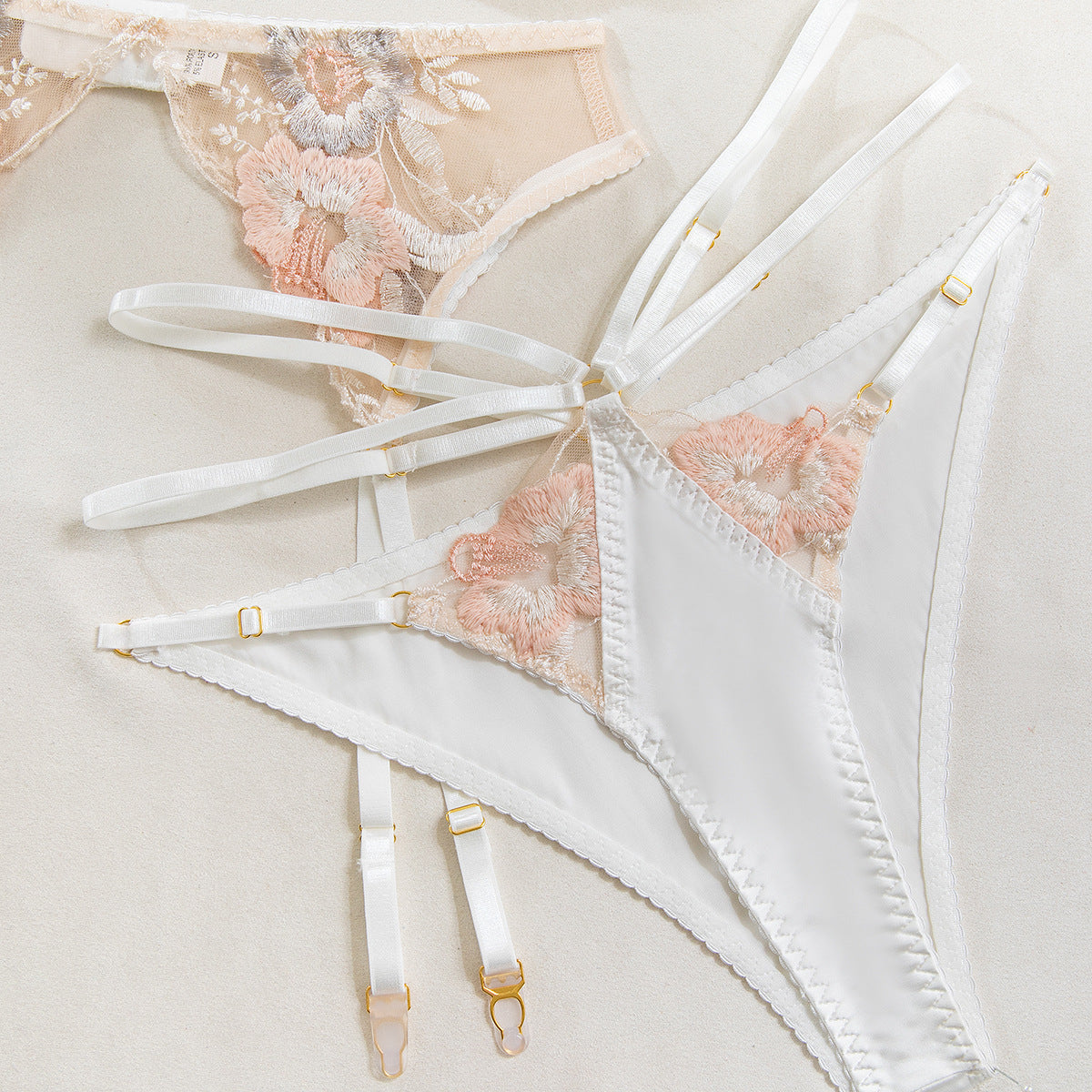 Floral Embroidered Satin & Mesh Garter Lingerie Set