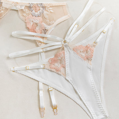 Floral Embroidered Satin & Mesh Garter Lingerie Set