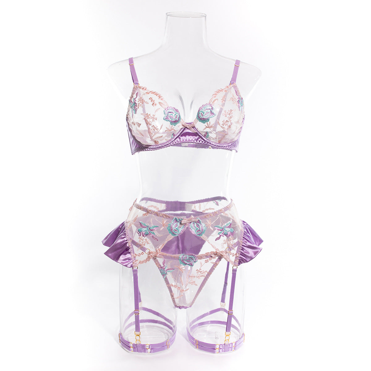 Honeymoon Lace & Satin Embroidered Lingerie Set