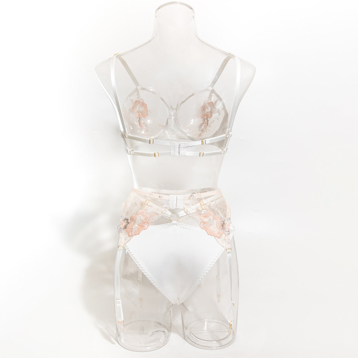 Floral Embroidered Satin & Mesh Garter Lingerie Set