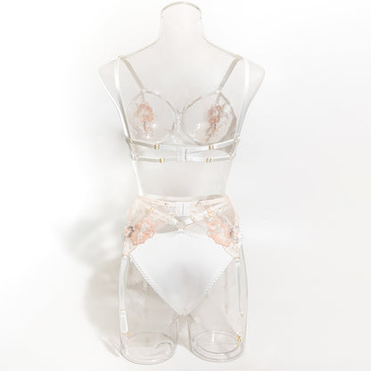Floral Embroidered Satin & Mesh Garter Lingerie Set