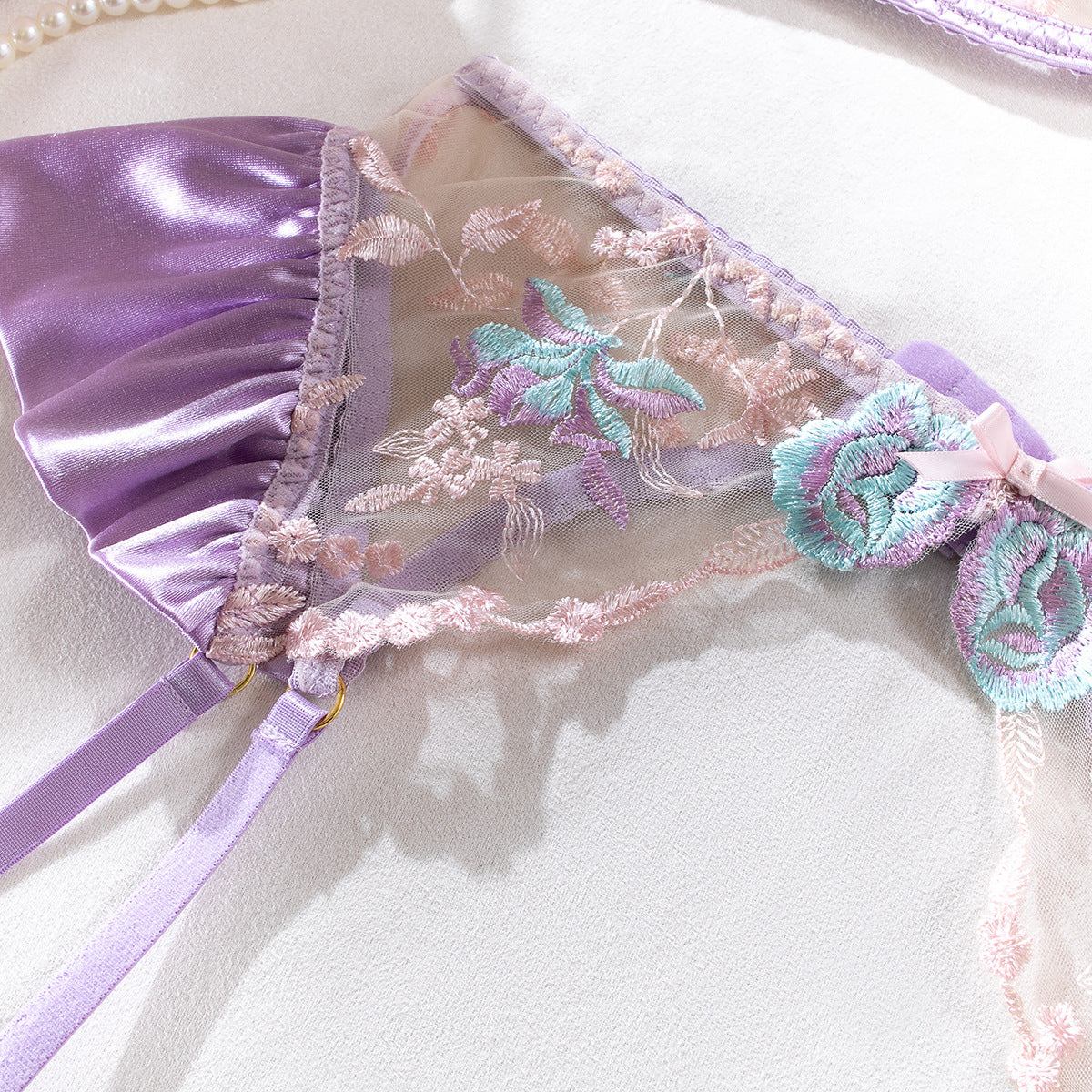 Honeymoon Lace & Satin Embroidered Lingerie Set