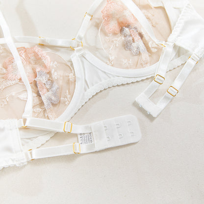 Floral Embroidered Satin & Mesh Garter Lingerie Set