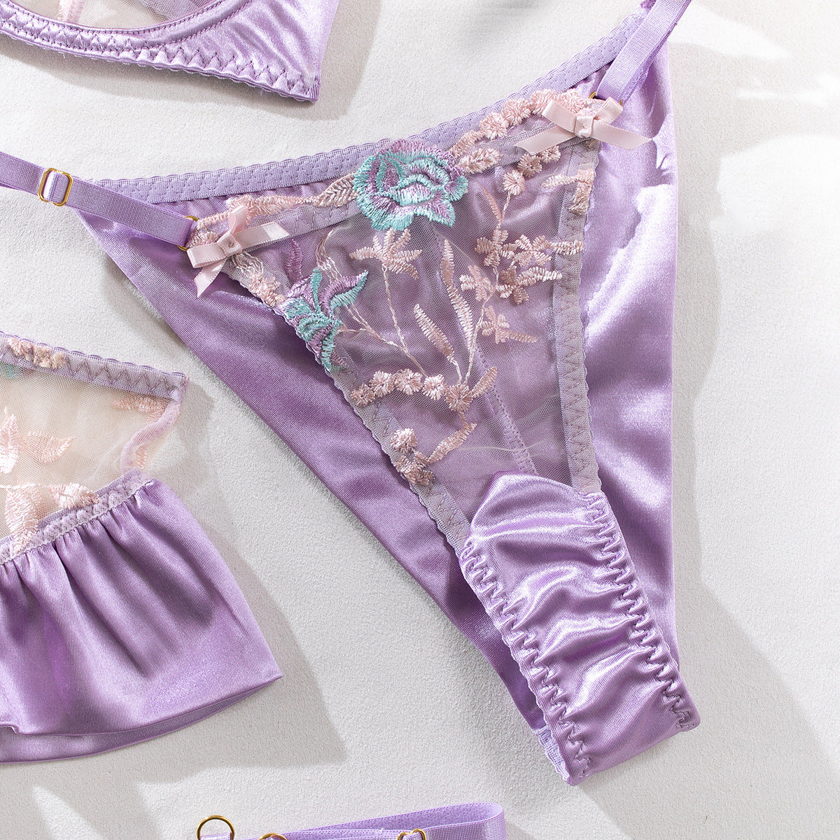 Honeymoon Lace & Satin Embroidered Lingerie Set